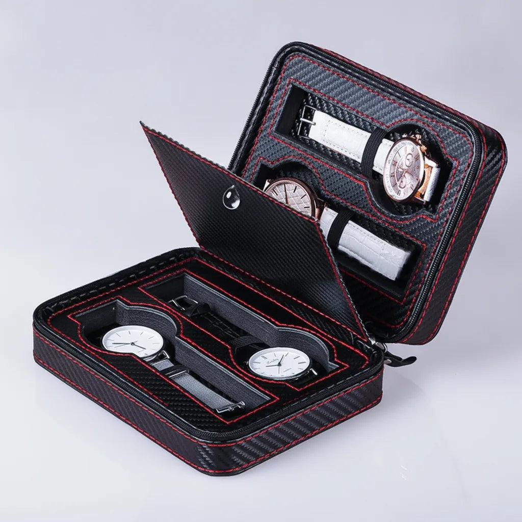 Étui Voyage Sport Classique pour 4 Montres - Cuir Végan Noir & Rouge