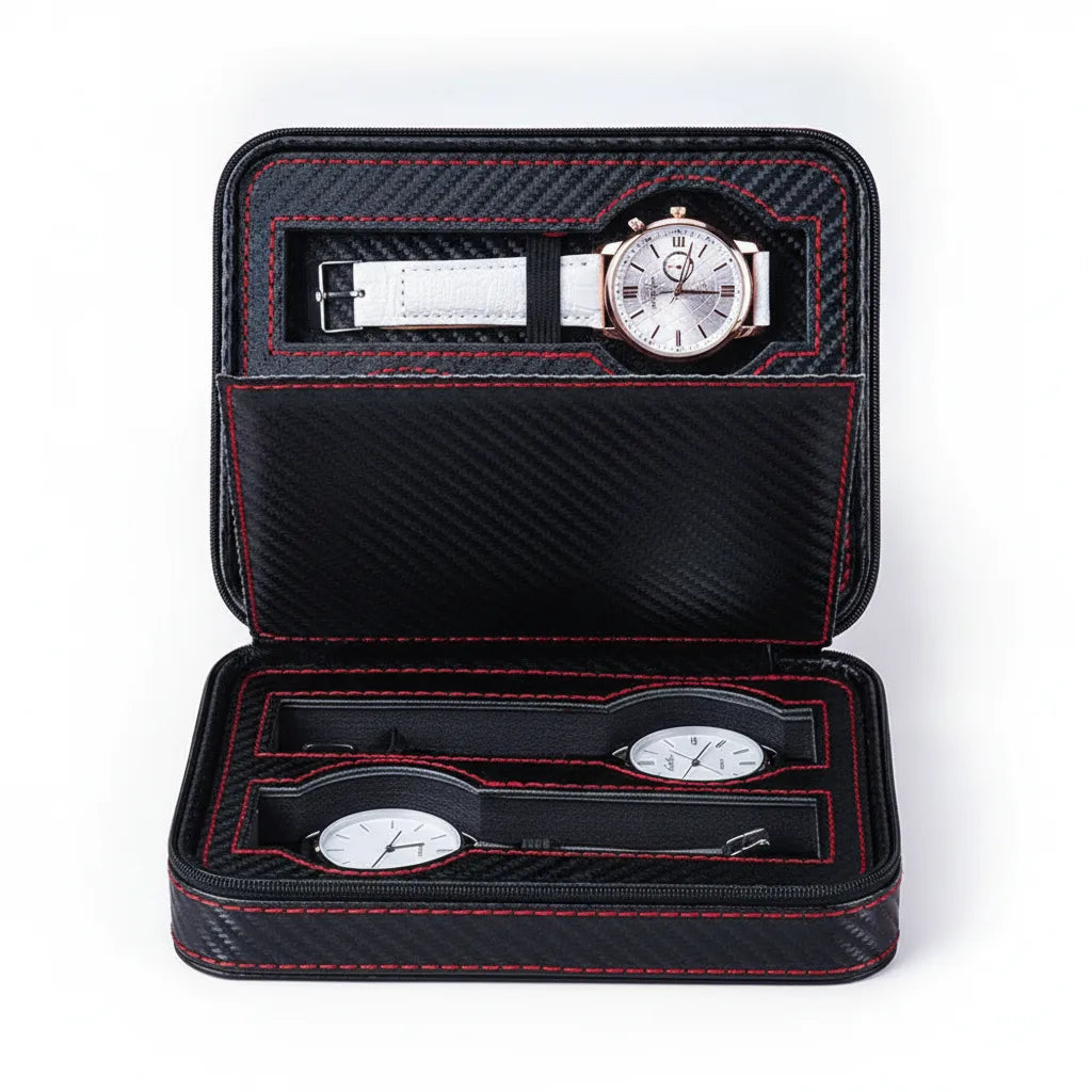 Ã‰tui Voyage Sport Classique pour 4 Montres - Cuir VÃ©gan Noir & Rouge