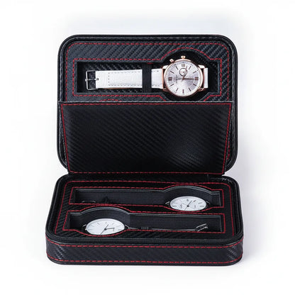 Ã‰tui Voyage Sport Classique pour 4 Montres - Cuir VÃ©gan Noir & Rouge