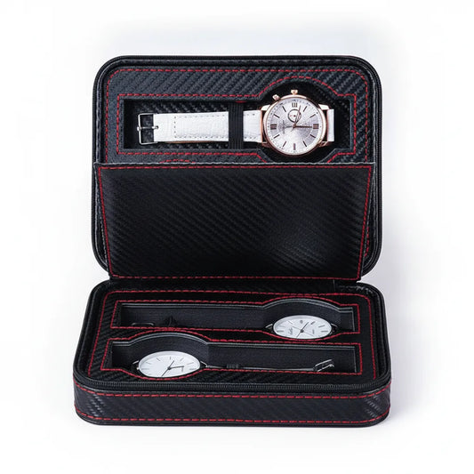 Ã‰tui Voyage Sport Classique pour 4 Montres - Cuir VÃ©gan Noir & Rouge