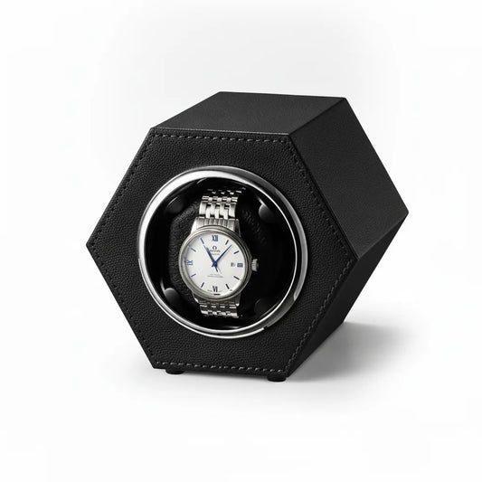 Remontoir Hexagonal Corbeau : Cuir Végan Noir pour 1 Montre