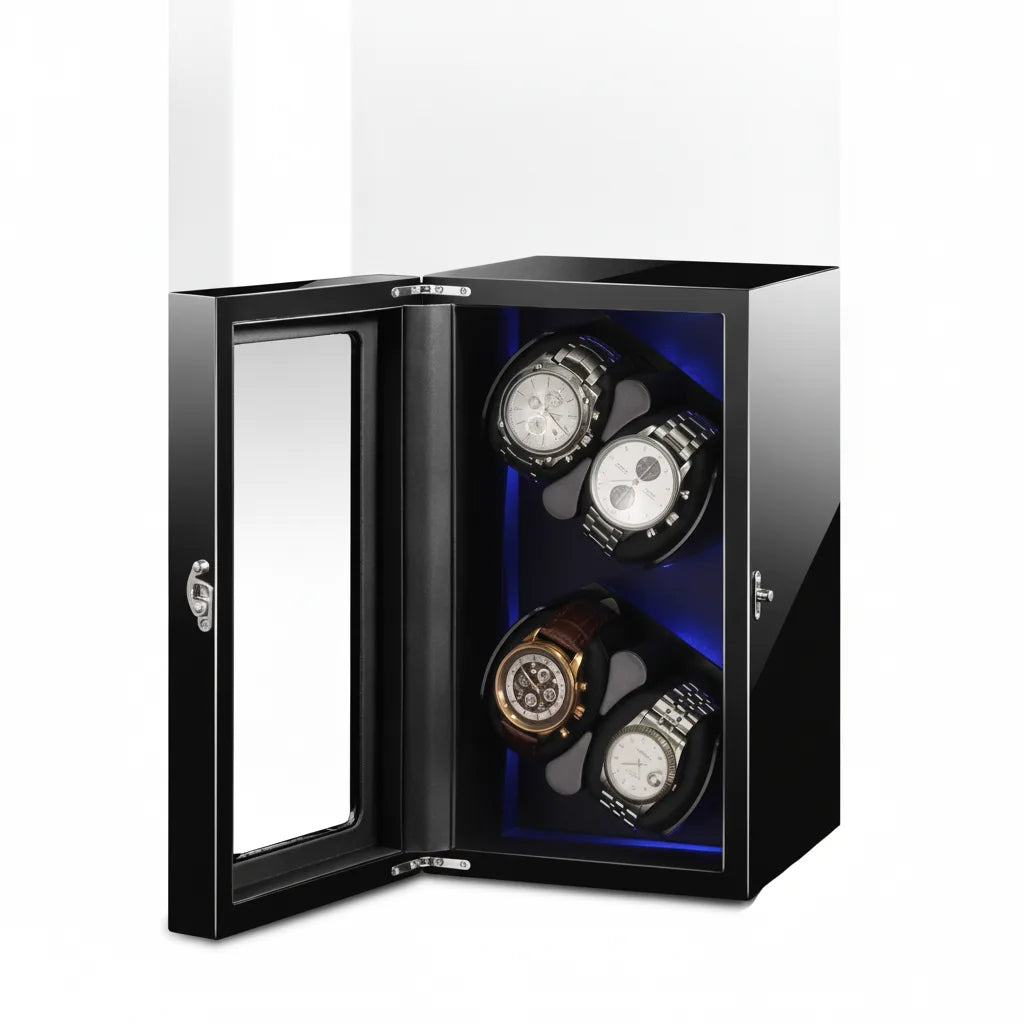 Remontoir LuxeLift Piano 4 Montres Bois & Cuir Noir