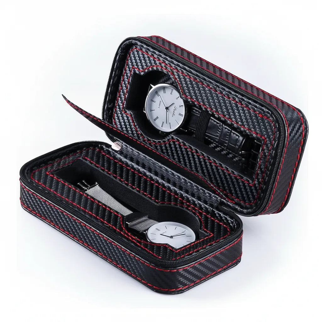 Ã‰tui Voyage 2 Montres Cuir VÃ©gan Noir & Rouge