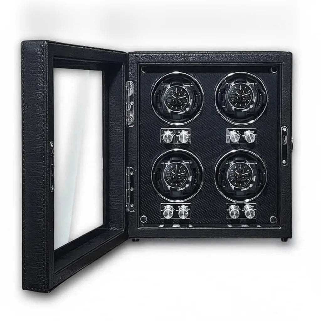 Remontoir 4 Montres Bois & Cuir Noir Silencieux