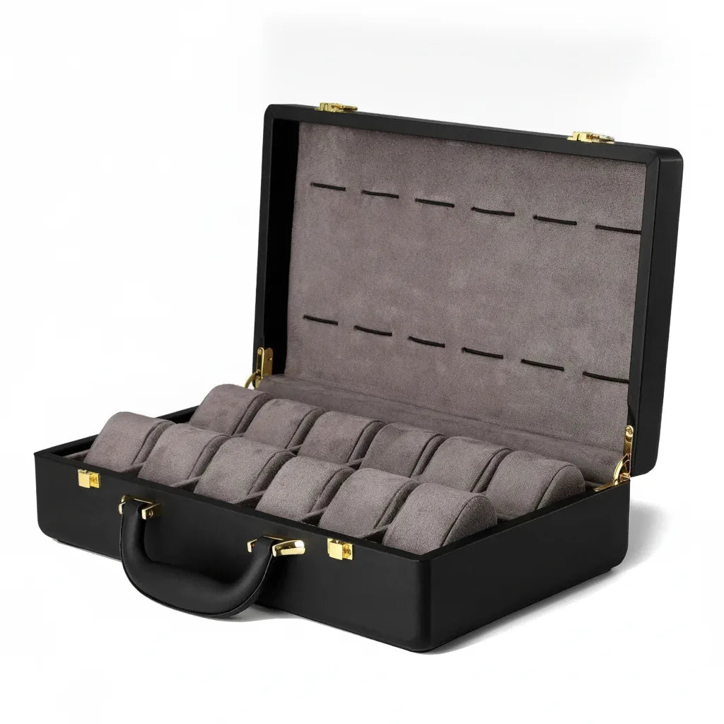Mallette de Rangement Noir pour 12 Montres en Cuir Végan