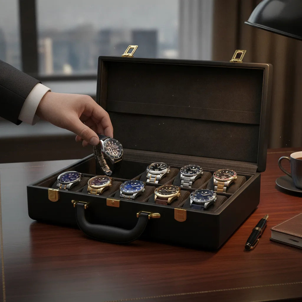 Mallette de Rangement Noir pour 12 Montres en Cuir Végan