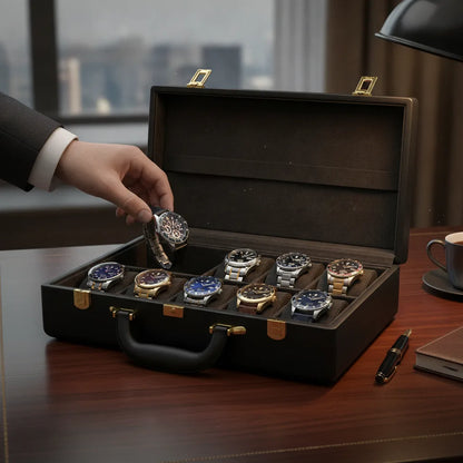 Mallette de Rangement Noir pour 12 Montres en Cuir Végan
