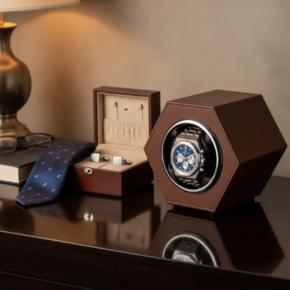 Remontoir Hexagonal Café - Cuir Végan Marron