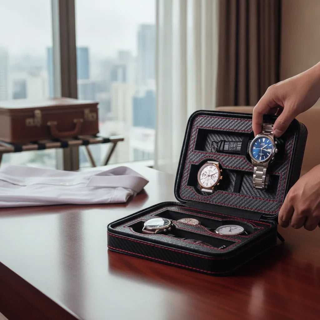 Ã‰tui Voyage Sport Classique pour 4 Montres - Cuir VÃ©gan Noir & Rouge