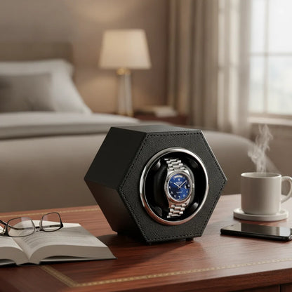 Remontoir Hexagonal Corbeau : Cuir Végan Noir pour 1 Montre