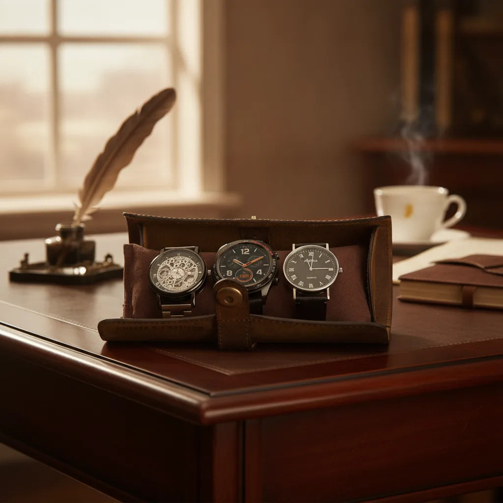 Ã‰tui Montre Cuir Vintage Marron 3 Places