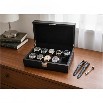 Boîte à Montre Luxe Cuir Végan Noir 10 Emplacements