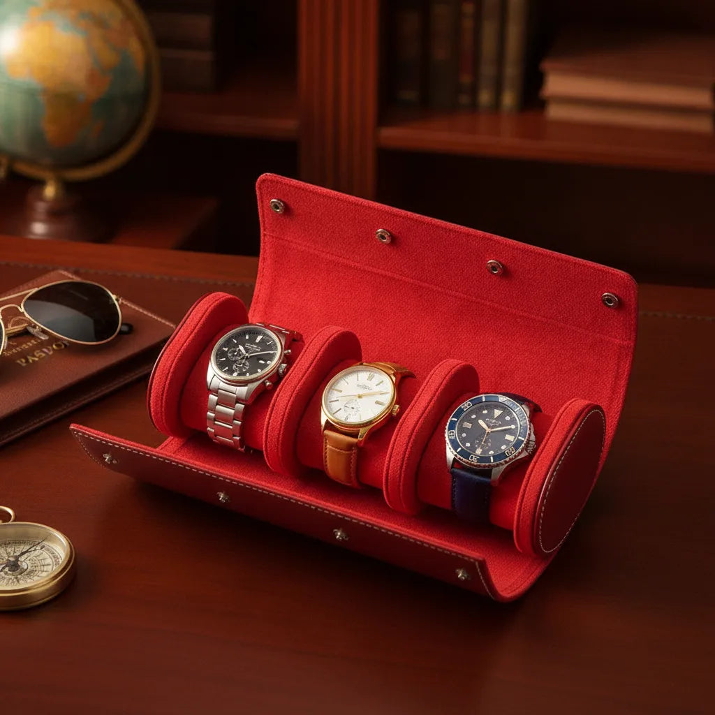Ã‰tui Ã  Montre Trio Rouge - Cuir VÃ©gan 3 Compartiments