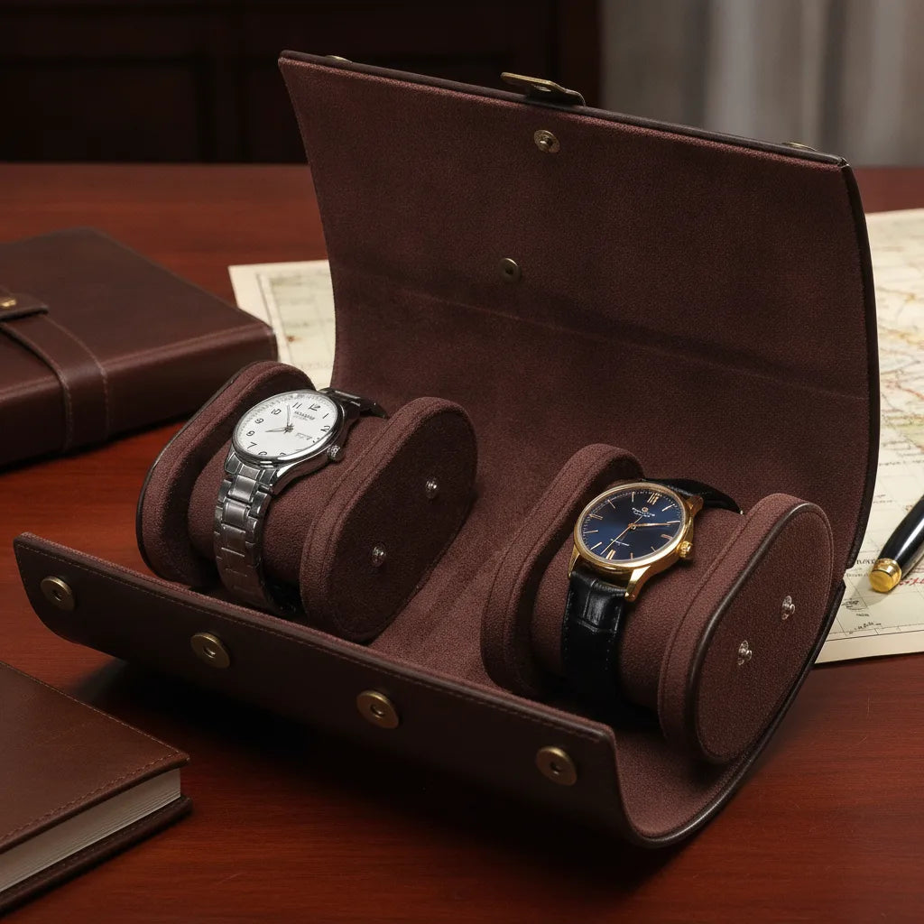 Ã‰tui Montre Cuir Marron FoncÃ© - 2 Compartiments