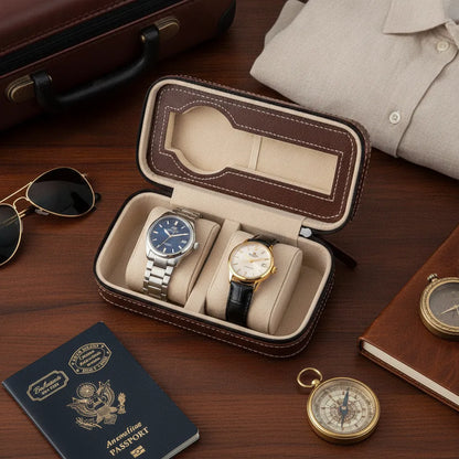 Ã‰tui Montre Voyage Cuir VÃ©gan Marron Vintage (2 Montres)