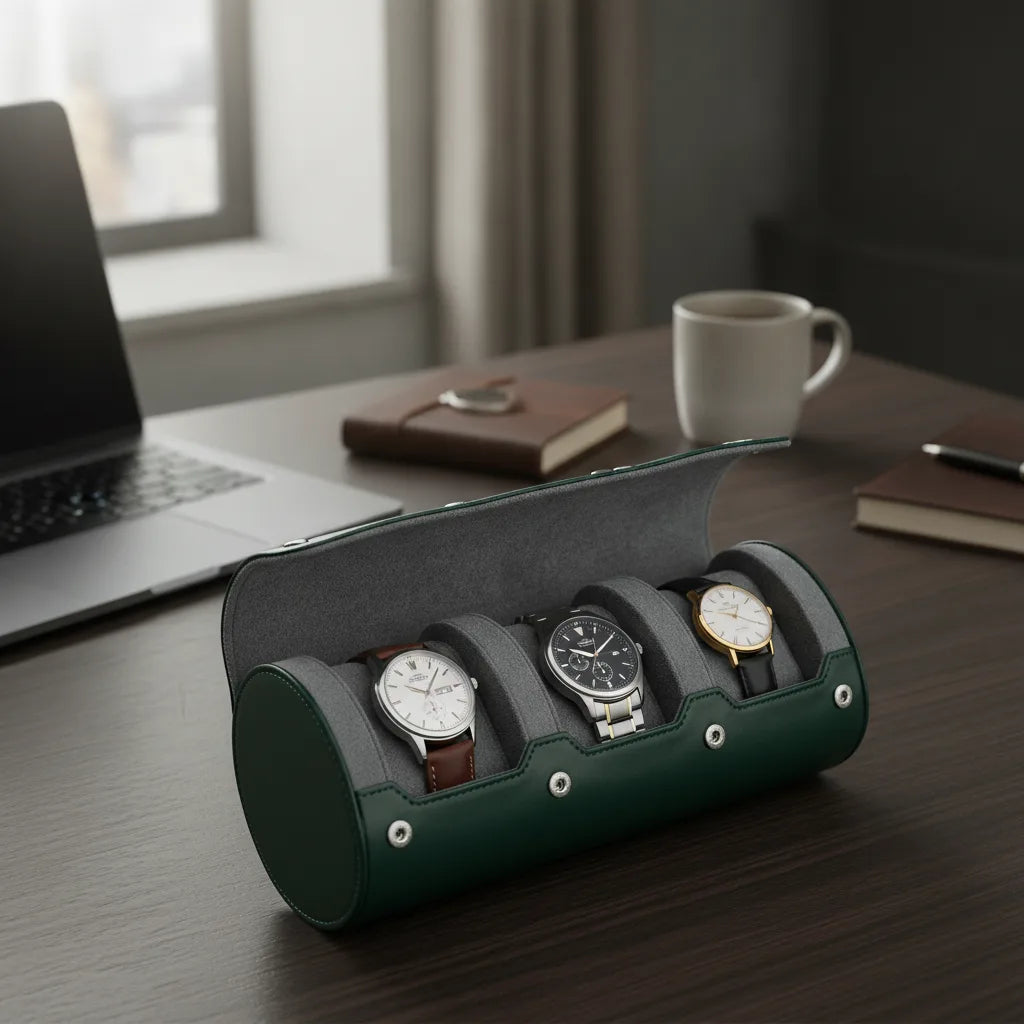 Ã‰tui Triple Montres Cuir VÃ©gan Gris & Vert