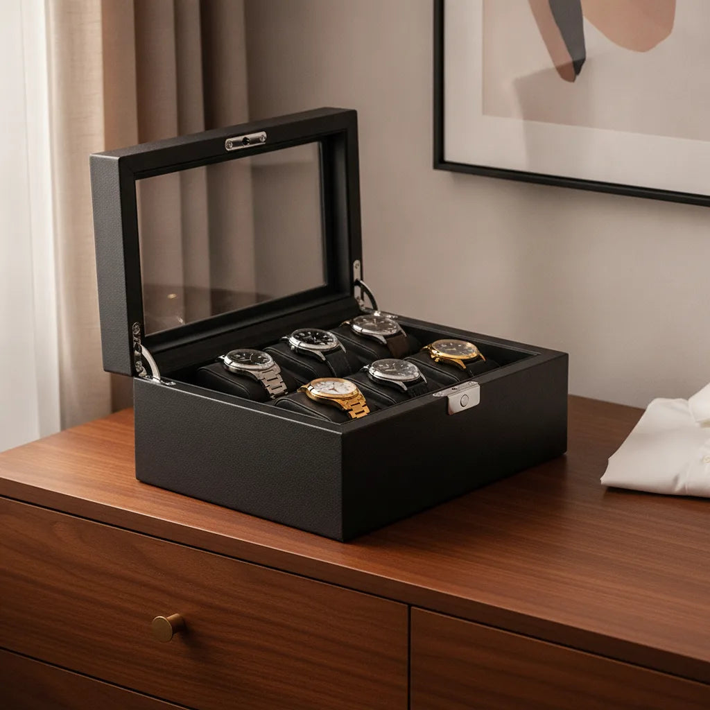 Remontoir 4 Montres Bois & Cuir Noir Silencieux