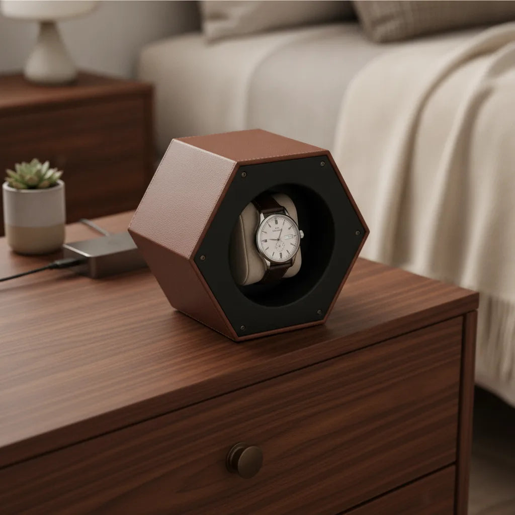 Remontoir Hexagonal Café - Cuir Végan Marron