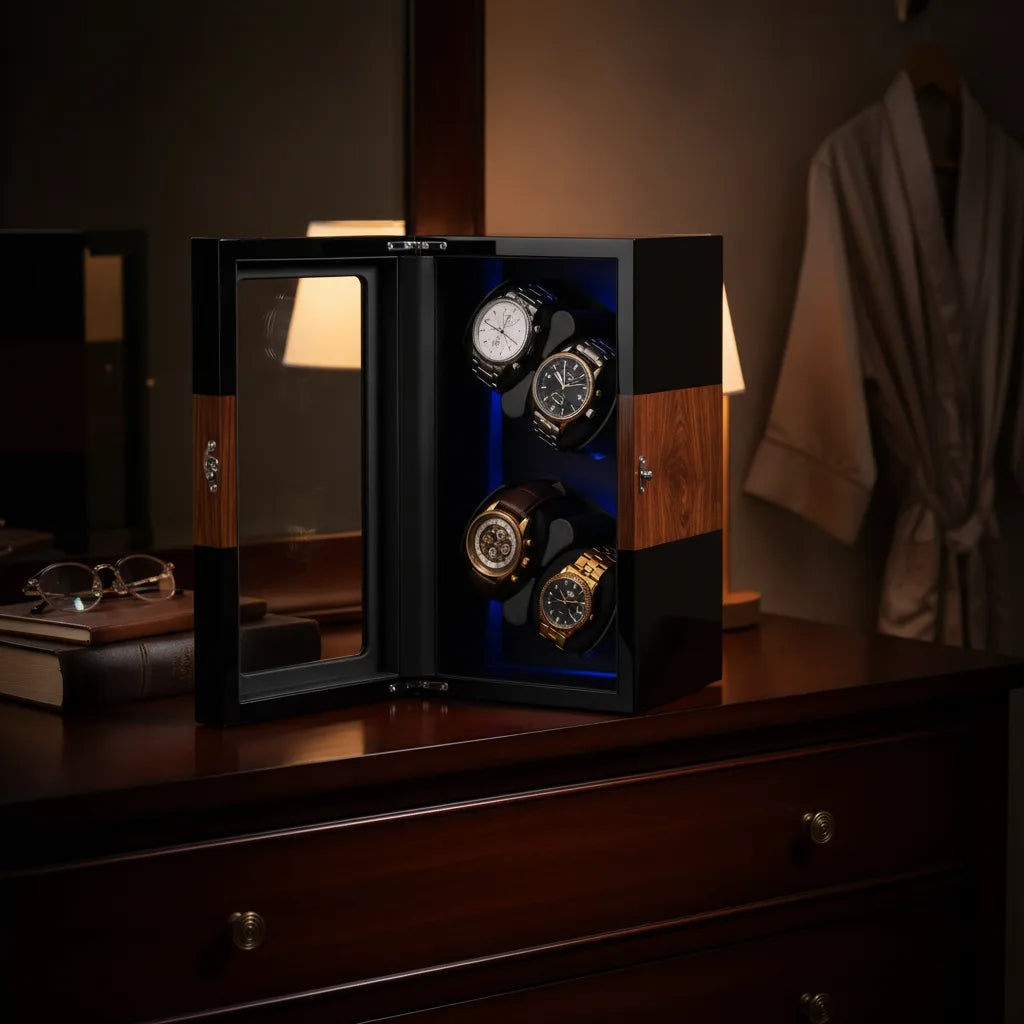 LuxeLift Hybride : Remontoir 4 Montres Bois & Cuir