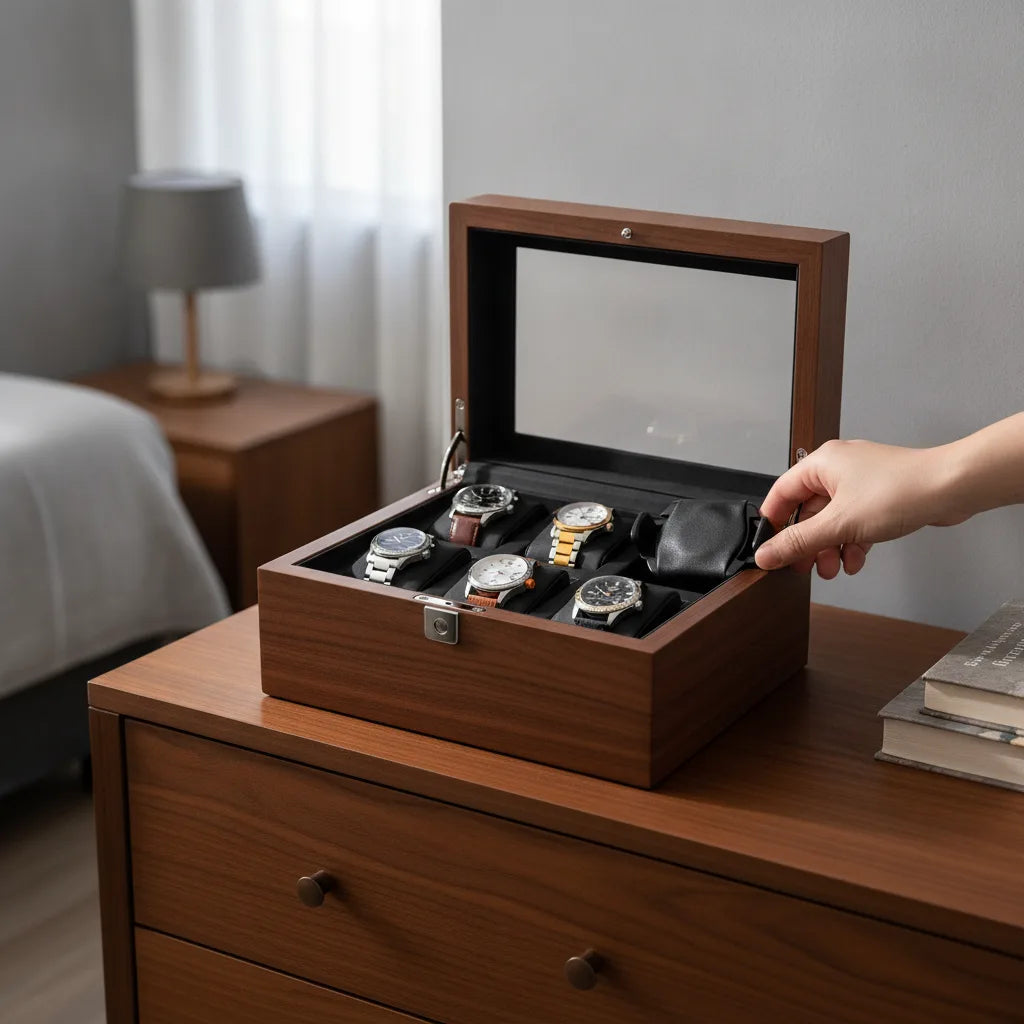 Remontoir 4 Montres Bois & Cuir Noir Silencieux