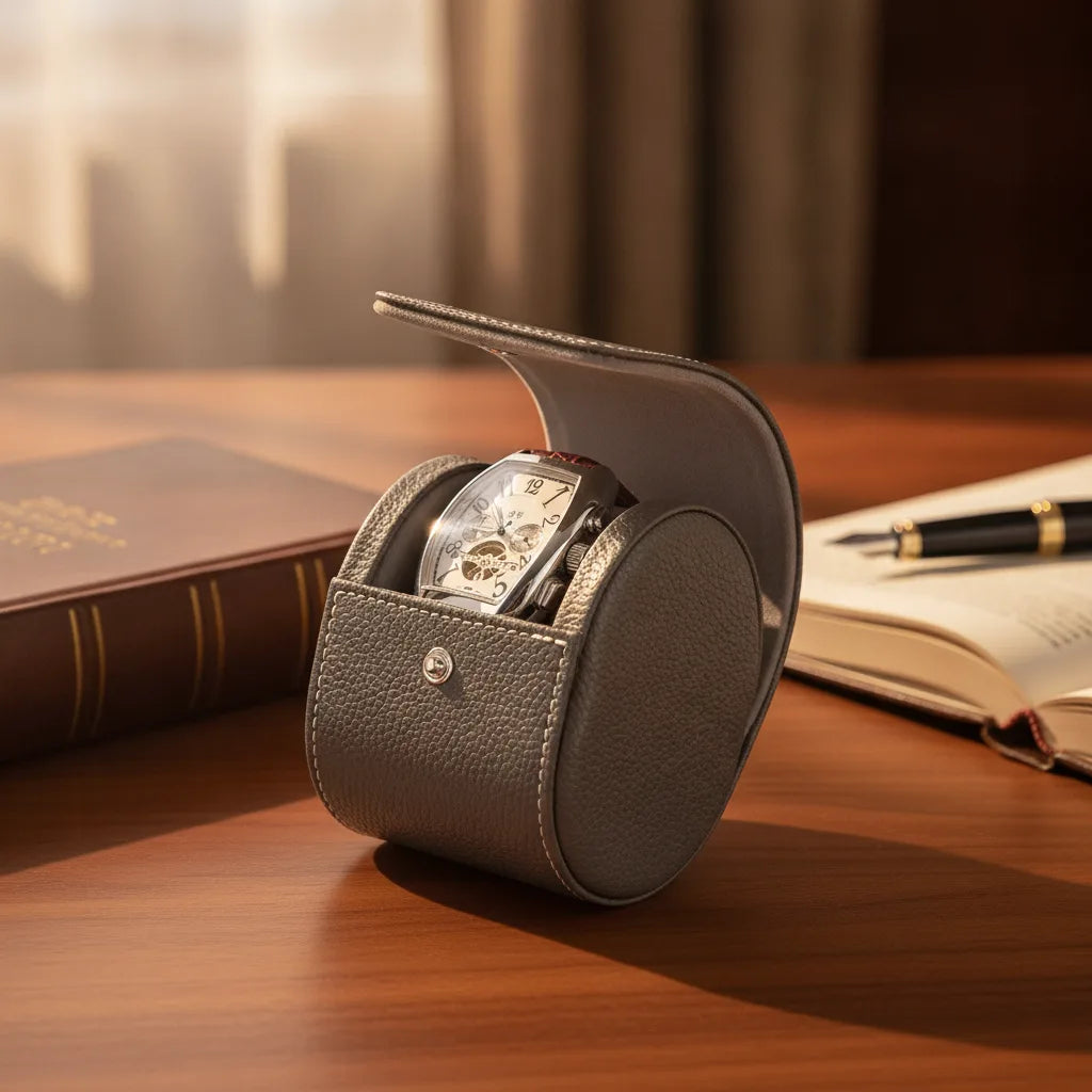 Ã‰tui Montre Cuir VÃ©gan Gris - Protection Ã‰lÃ©gante