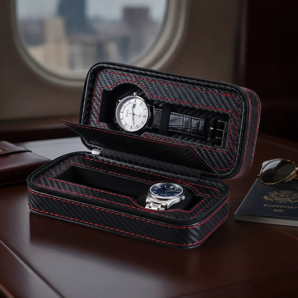 Ã‰tui Voyage 2 Montres Cuir VÃ©gan Noir & Rouge