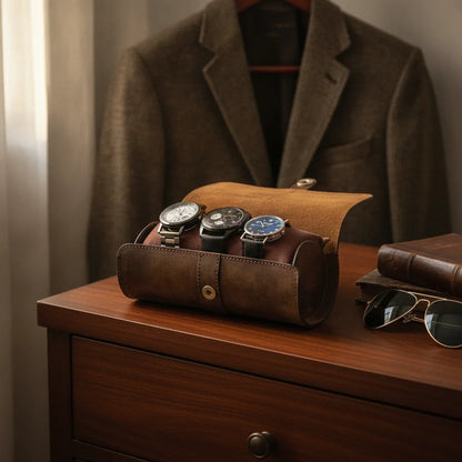 Ã‰tui Montre Cuir Vintage Marron 3 Places