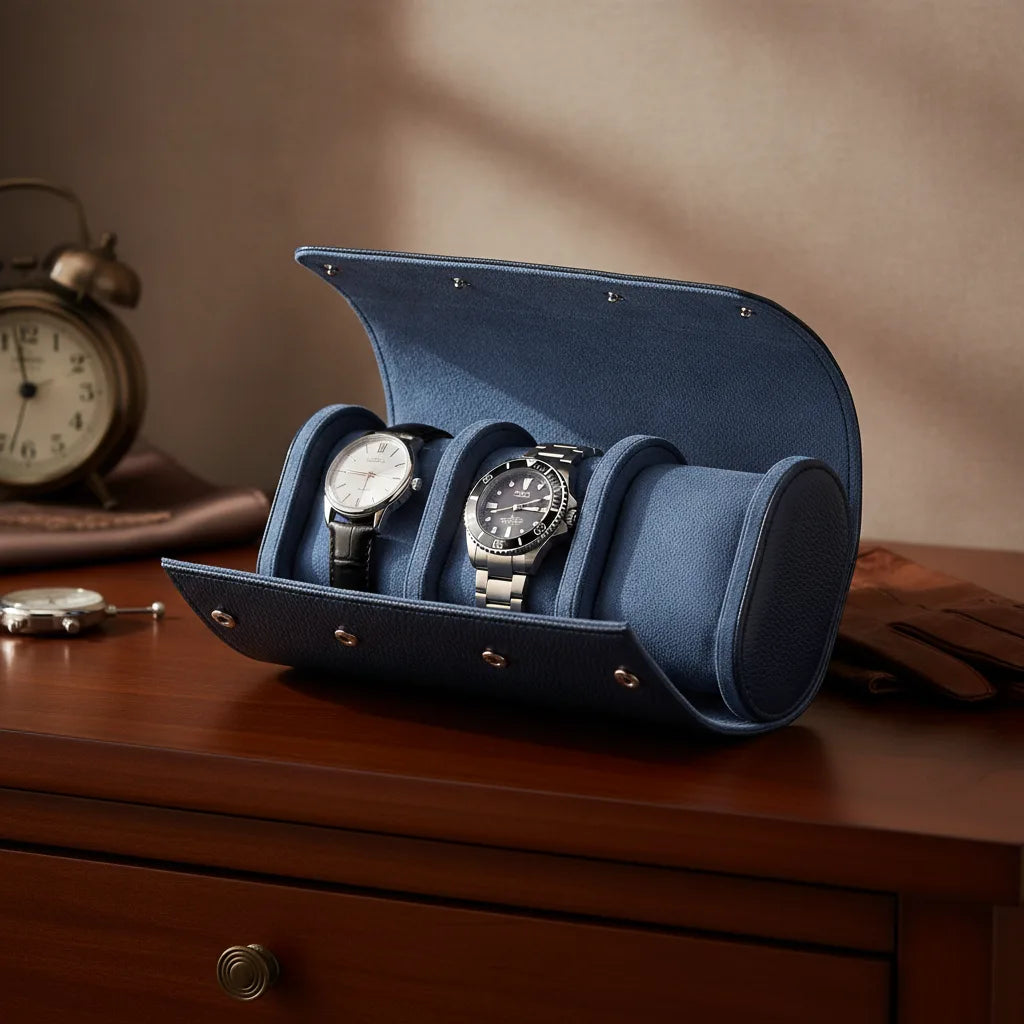 Ã‰tui Cobalt : Rangement Ã‰lÃ©gant pour 3 Montres en Cuir VÃ©gan Bleu