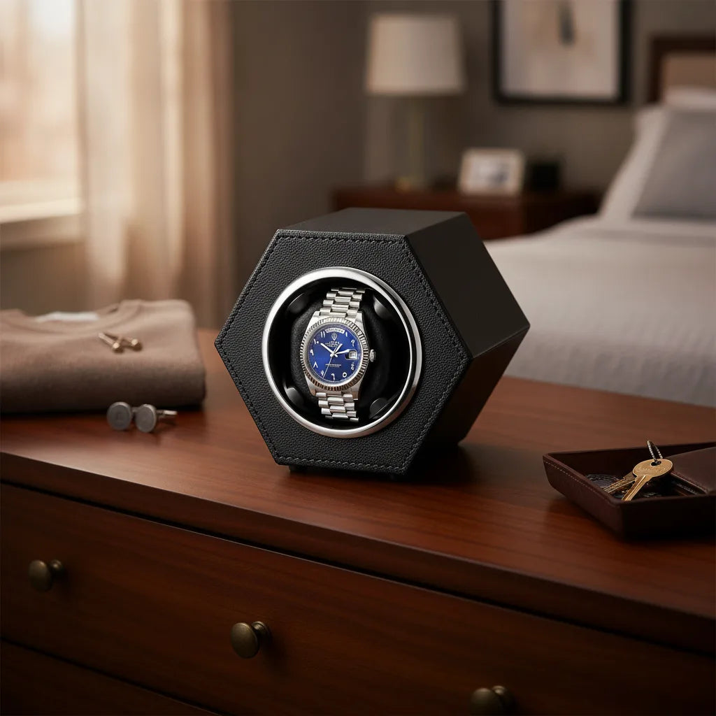 Remontoir Hexagonal Corbeau : Cuir Végan Noir pour 1 Montre
