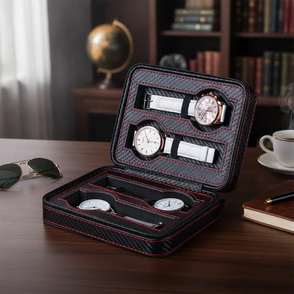 Ã‰tui Voyage Sport Classique pour 4 Montres - Cuir VÃ©gan Noir & Rouge