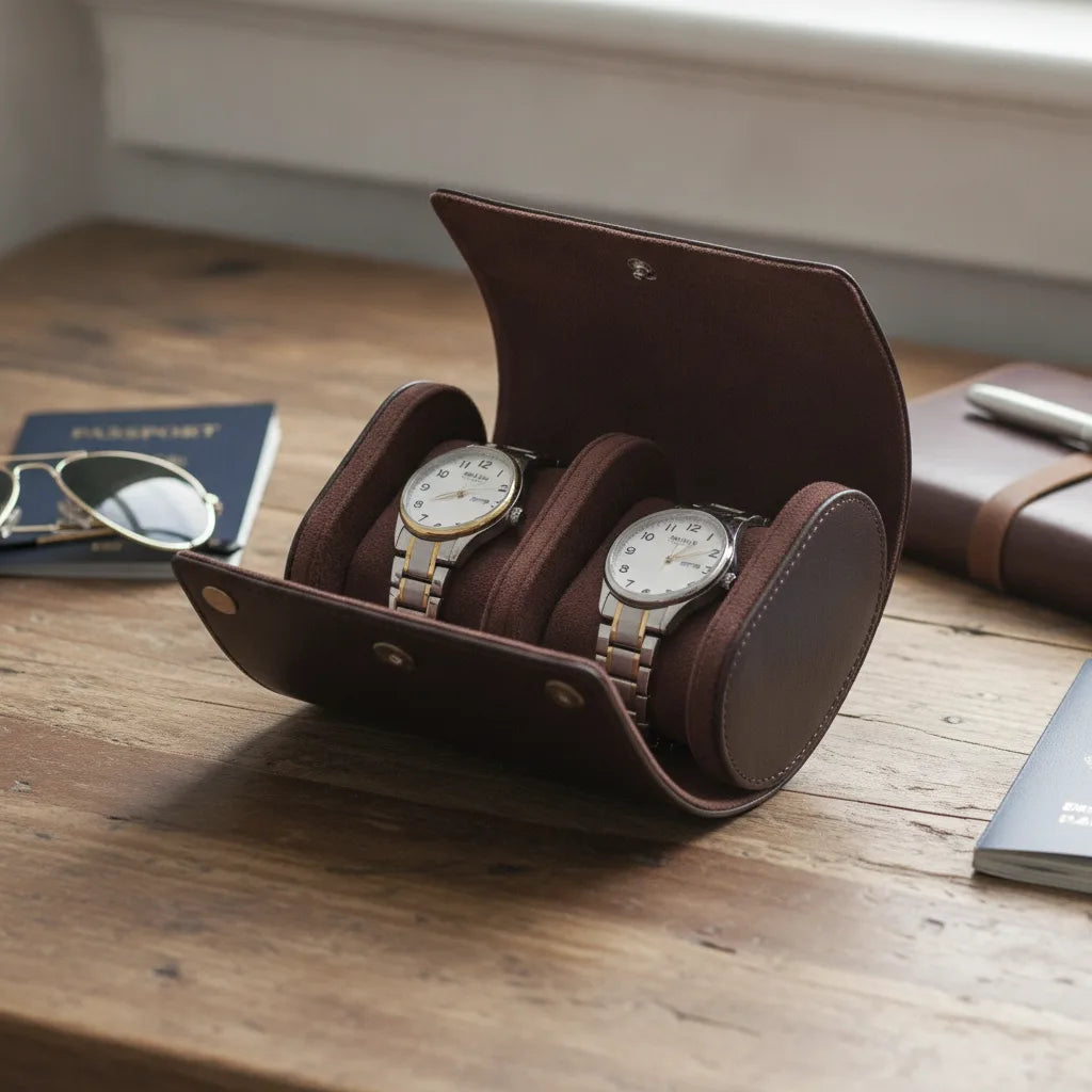 Ã‰tui Montre Cuir Marron FoncÃ© - 2 Compartiments