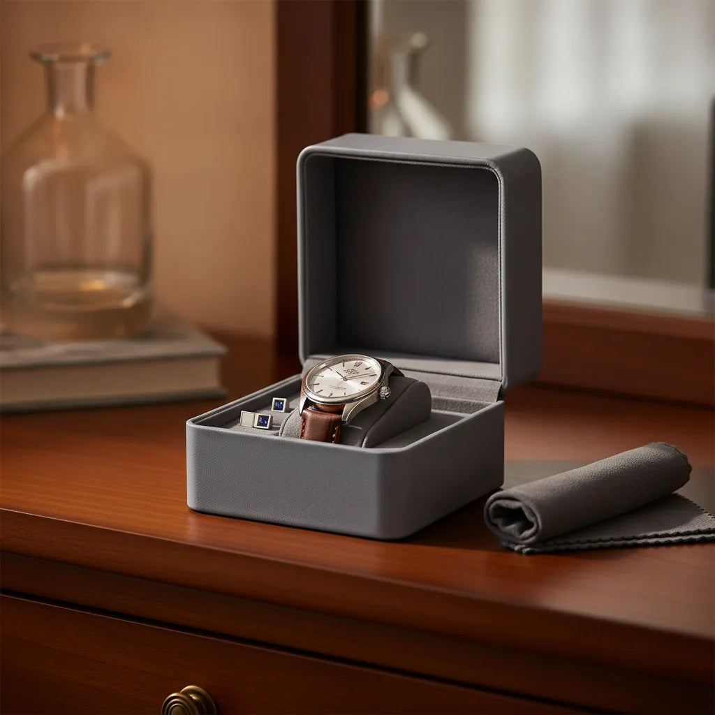 Boîte à Montre Cuir Gris-Bleu