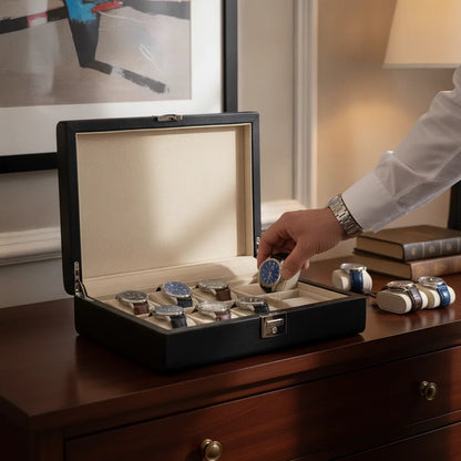 Boîte à Montre Luxe Cuir Végan Noir 10 Emplacements