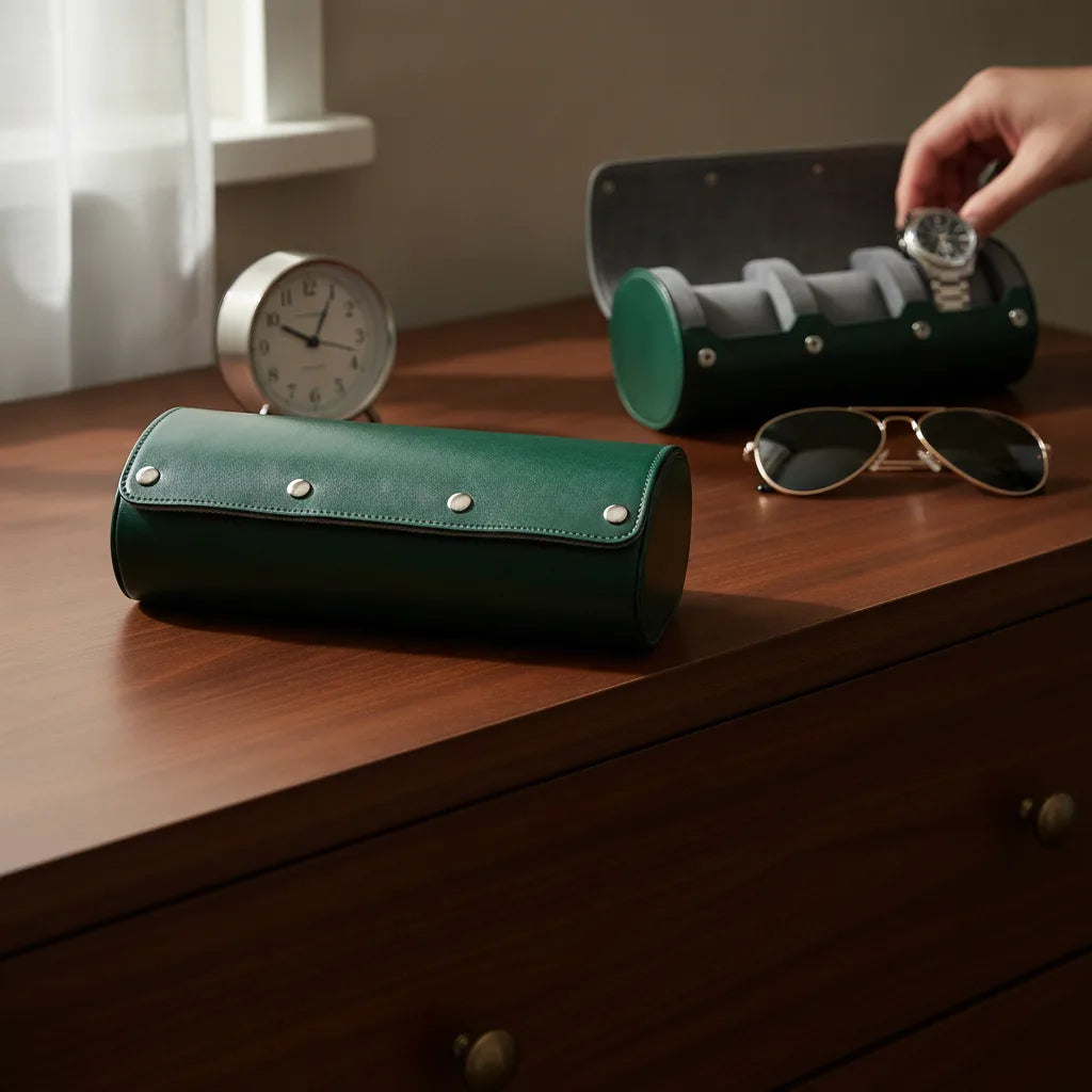 Ã‰tui Triple Montres Cuir VÃ©gan Gris & Vert