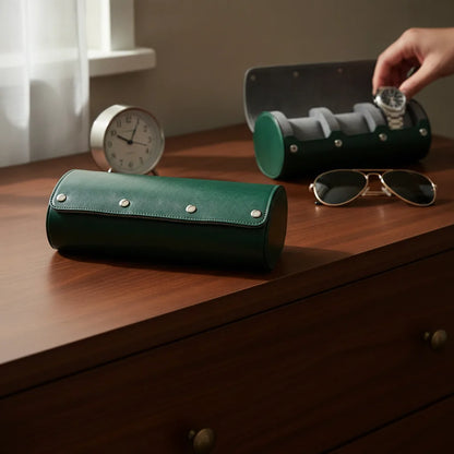 Ã‰tui Triple Montres Cuir VÃ©gan Gris & Vert