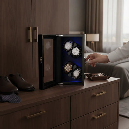 Remontoir LuxeLift Piano 4 Montres Bois & Cuir Noir