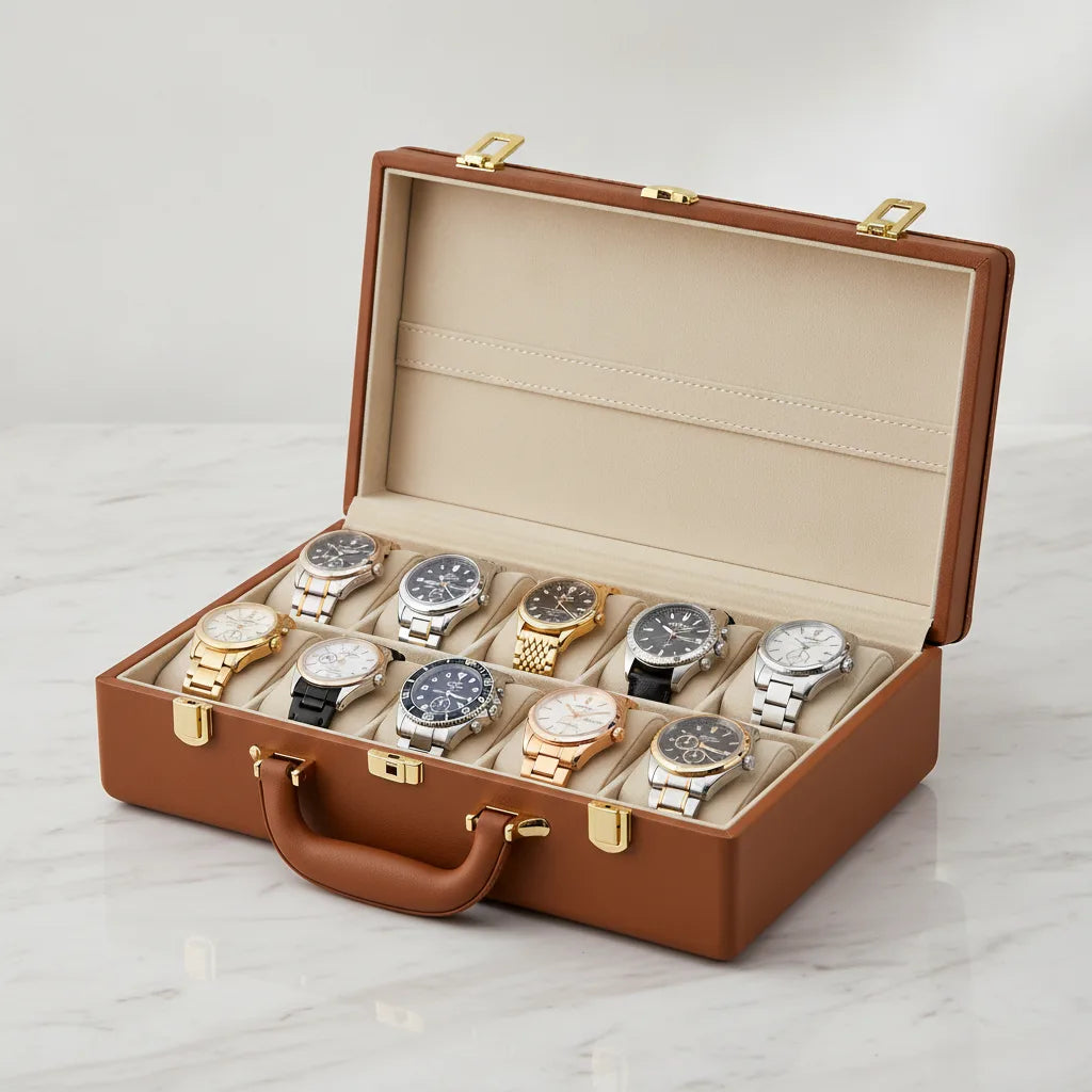 Mallette à Montre Cuir Végan Marron 12 Emplacements