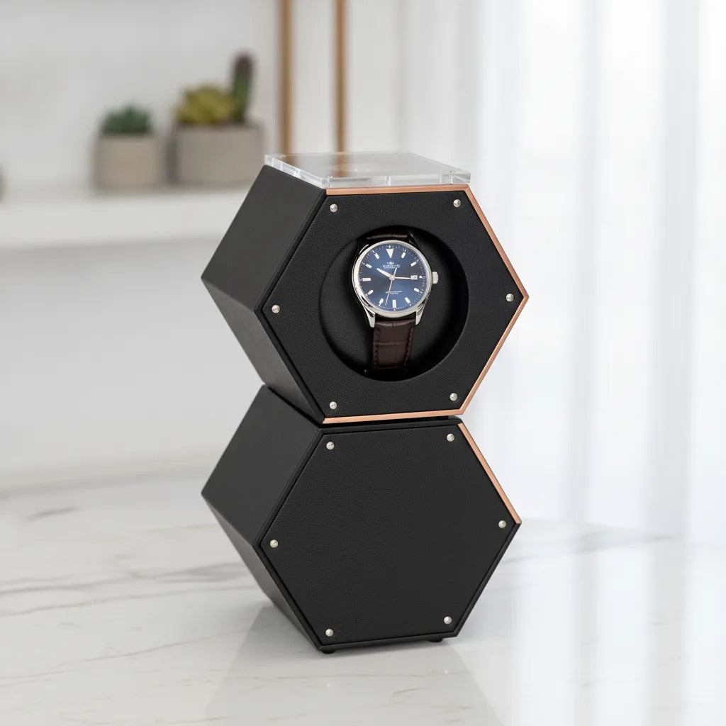 Remontoir Hexagonal Corbeau : Cuir Végan Noir pour 1 Montre