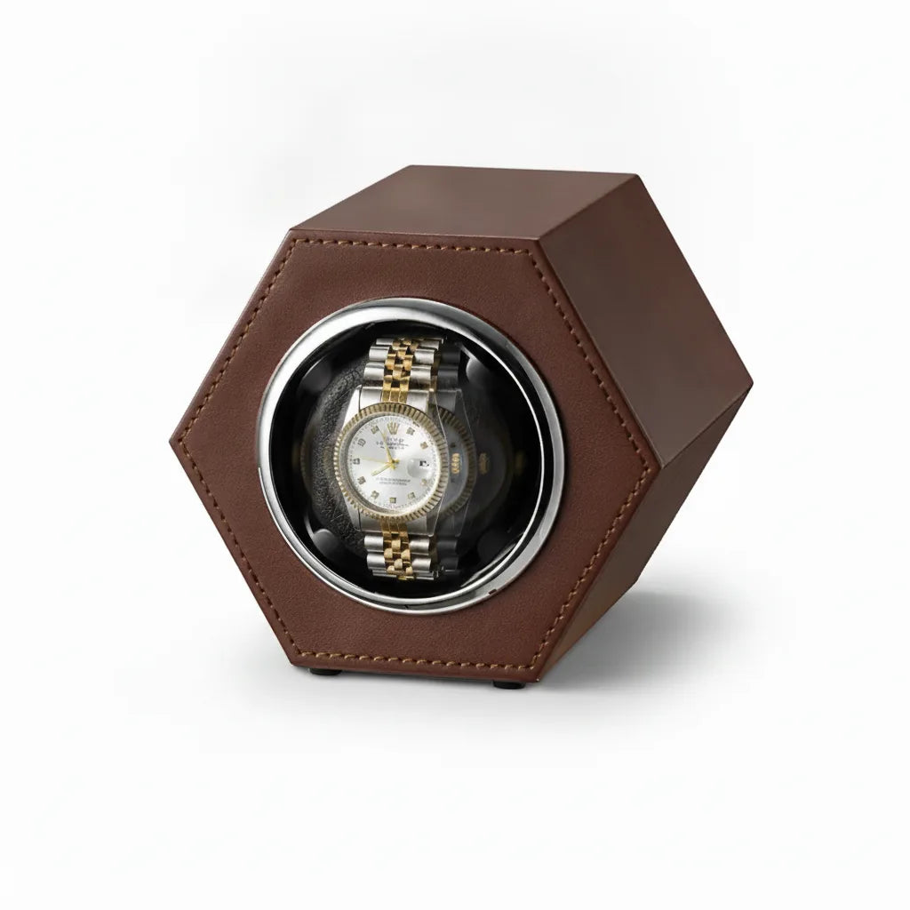 Remontoir Hexagonal Café - Cuir Végan Marron