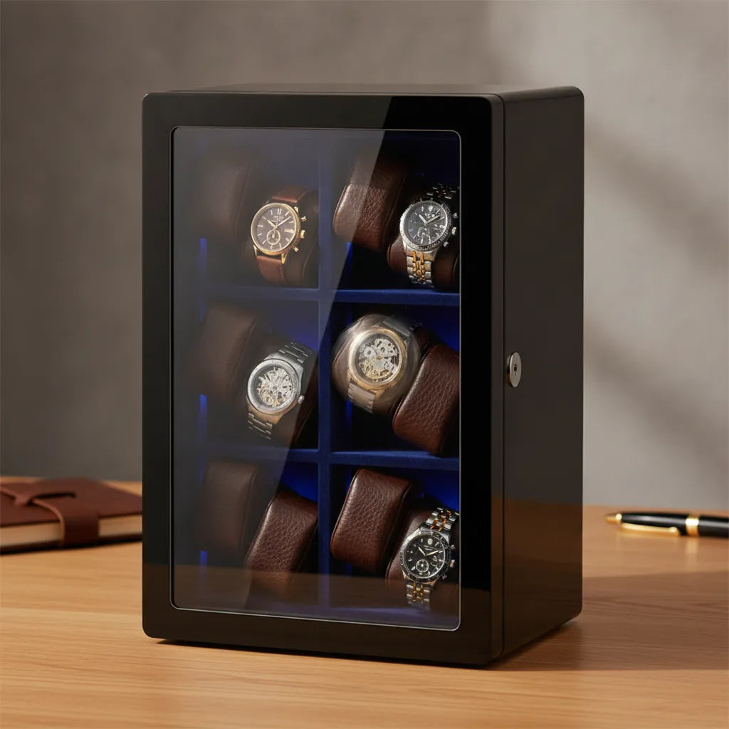 Remontoir LuxeLift Piano 12 Montres Bois & Cuir