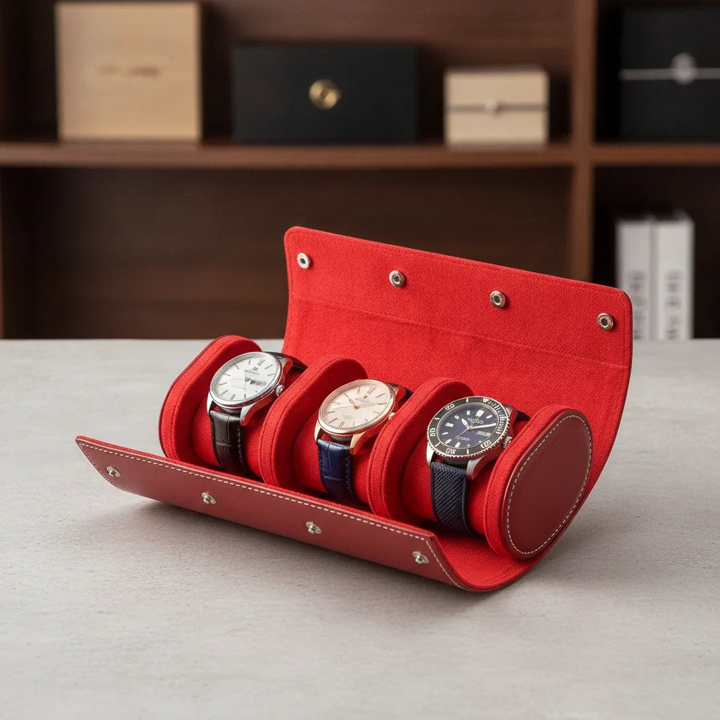 Ã‰tui Ã  Montre Trio Rouge - Cuir VÃ©gan 3 Compartiments