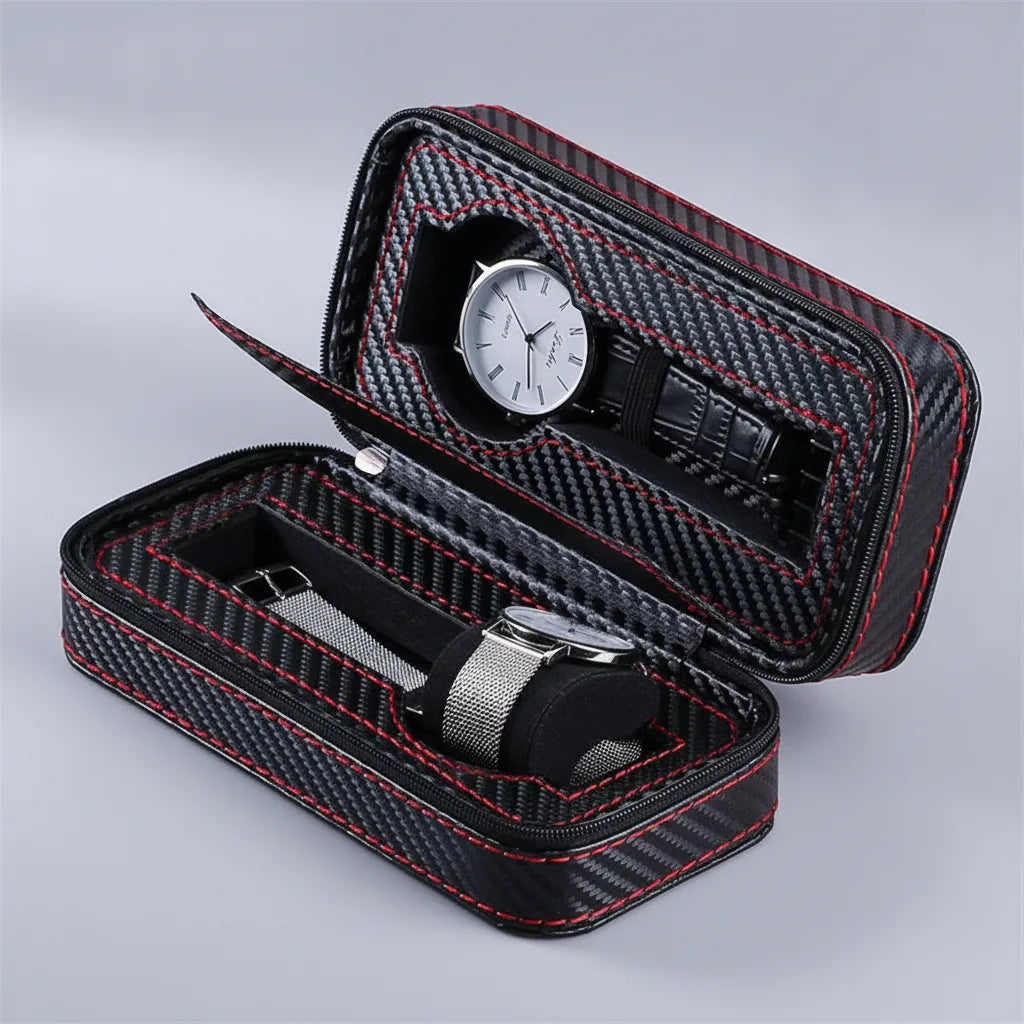 Ã‰tui Voyage 2 Montres Cuir VÃ©gan Noir & Rouge