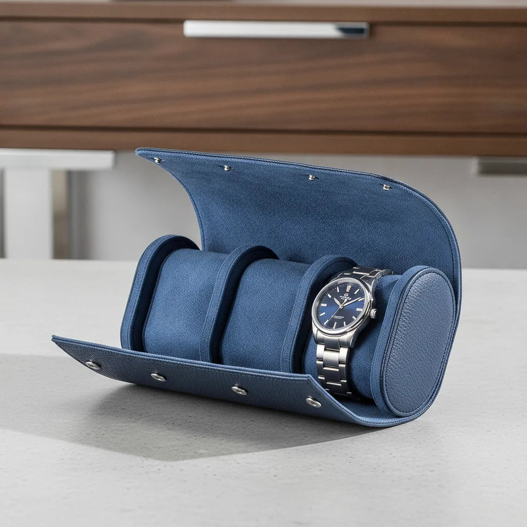 Ã‰tui Cobalt : Rangement Ã‰lÃ©gant pour 3 Montres en Cuir VÃ©gan Bleu