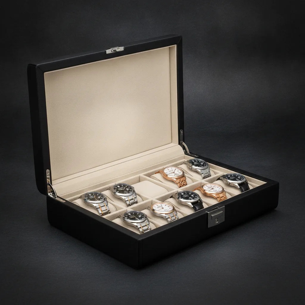 Boîte à Montre Luxe Cuir Végan Noir 10 Emplacements