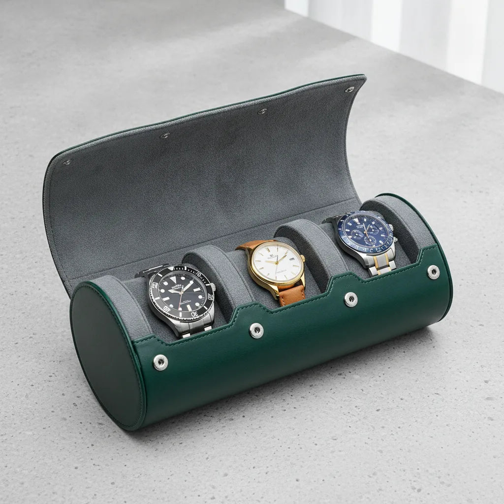 Ã‰tui Triple Montres Cuir VÃ©gan Gris & Vert