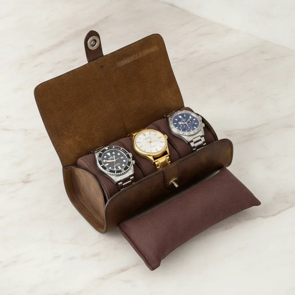 Ã‰tui Montre Cuir Vintage Marron 3 Places