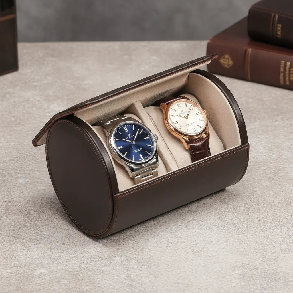 Ã‰tui Montre Cuir Marron FoncÃ© - 2 Compartiments