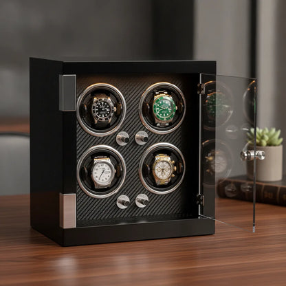 Remontoir à Montres Classique Carbone & Bois pour 4 Automatiques