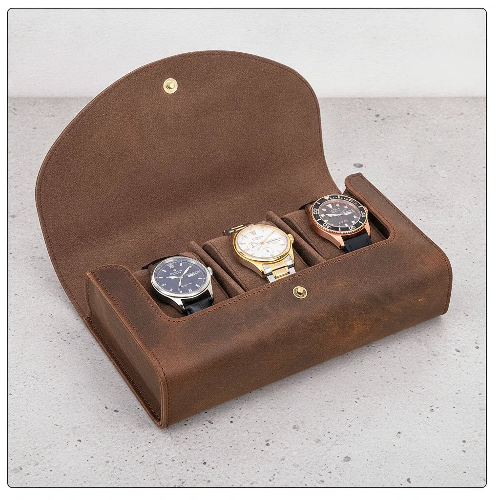 Ã‰tui Montre Vintage Tre : 3 Montres en Cuir Marron