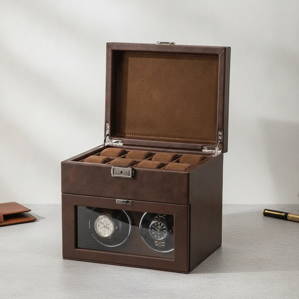Remontoir Coffret Tanneur Marron 2 Montres Automatiques